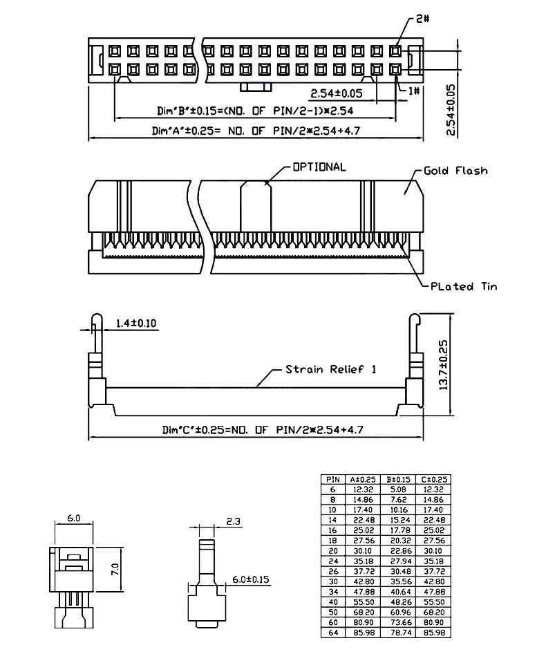 10Pcs FC 2.54mm Pitch 6P/8/10/12/14/16/18/20/24/26/30/34/40 Pin IDC Socket Connector Double Row Female Header for 1.27mm Wire
