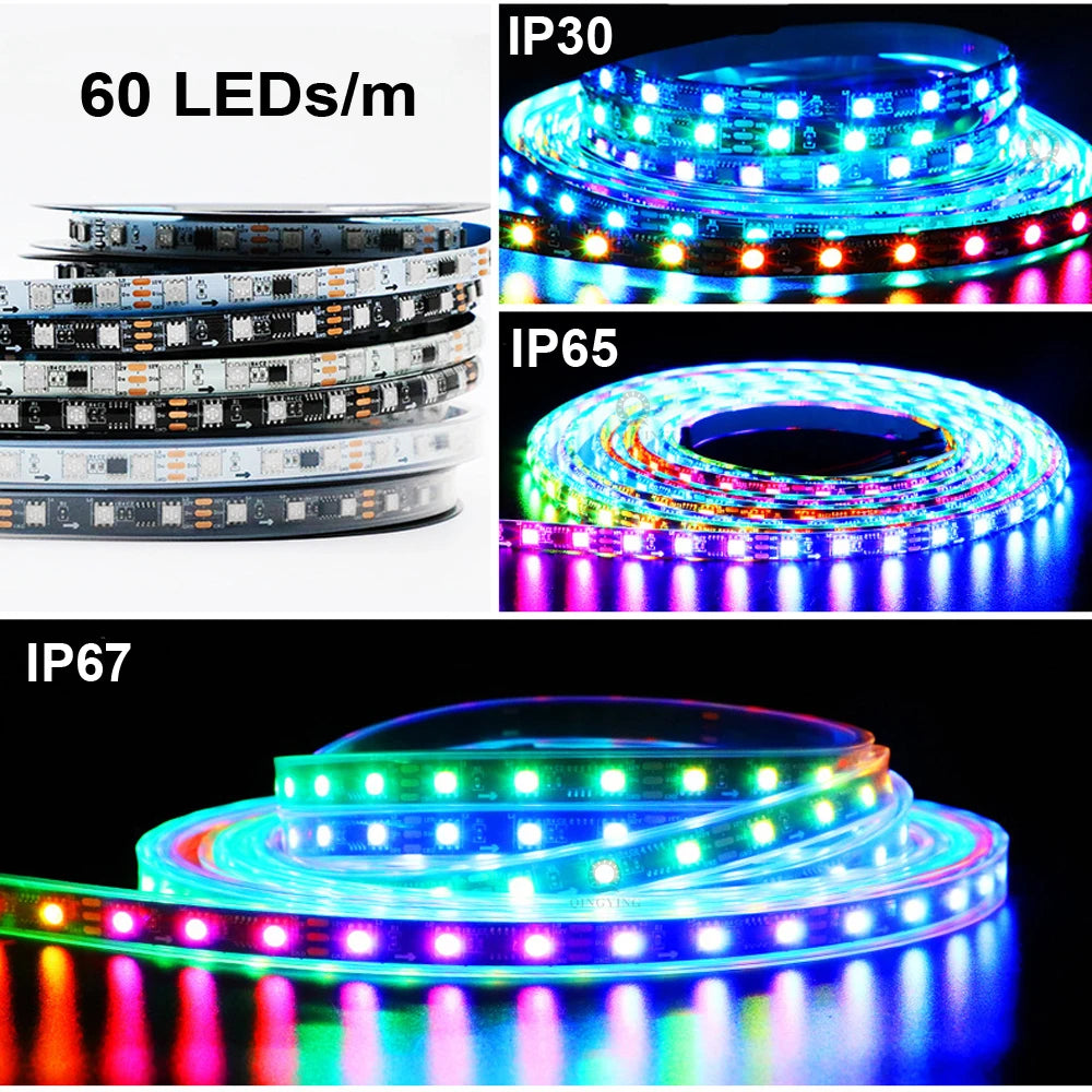 DC12V 24V WS2811 RGB LED Strip Individually Addressable 30/48/60/72/84 Leds/m Tape Light IP30/65/67 Waterproof Flexible Ribbon