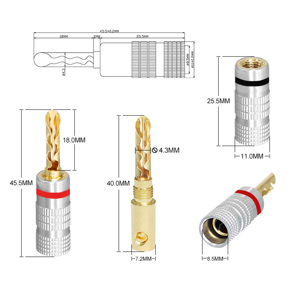 Musical Sound 24K Gold Plated Speaker Plugs Audio Banana Connector for Speaker Wire Open Screw Type Hifi Banana Plugs