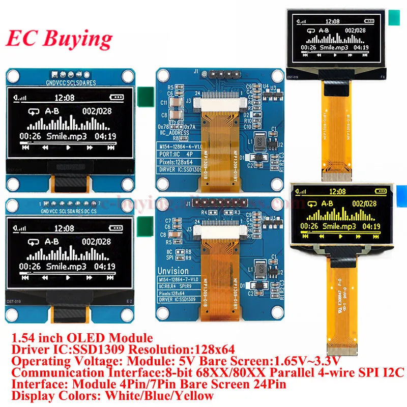 1.54 inch OLED Module 1.54” Display LCD Screen Resolution 12864 128x64 SSD1309 Driver Blue White Yellow 4Pin/7Pin IIC Interface