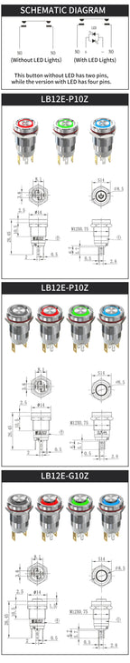 LANBOO 12E 7A High Current 4 Pin Switch Waterproof IP65 Latching or Momentary Micro Metal Push Button Switch with LED 24V220V
