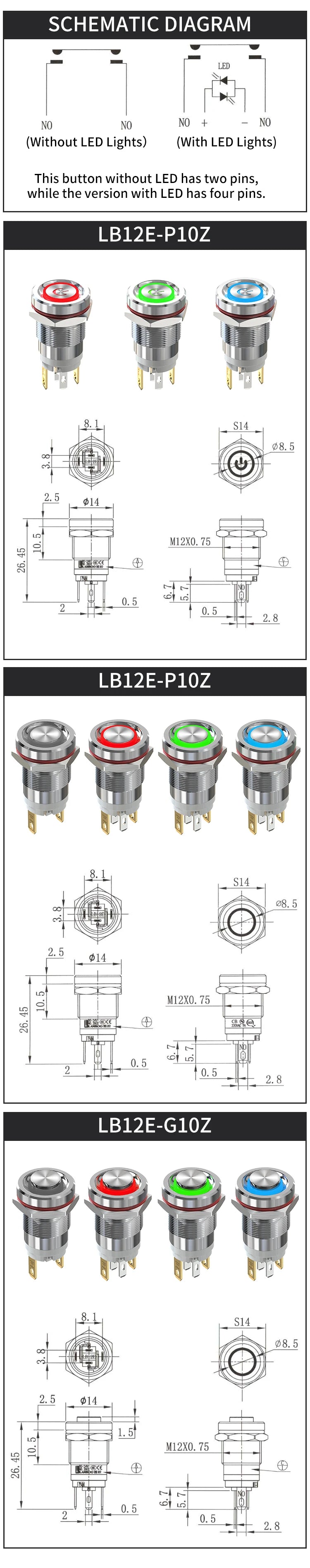 LANBOO 12E 7A High Current 4 Pin Switch Waterproof IP65 Latching or Momentary Micro Metal Push Button Switch with LED 24V220V
