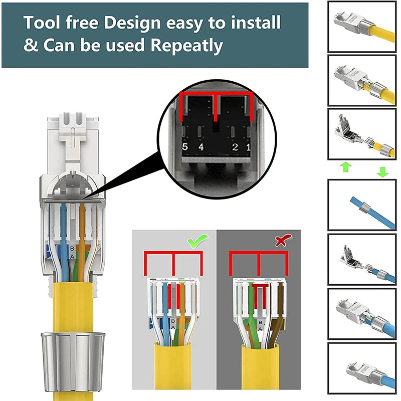 Hoolnx RJ45 Connector Toolless Free Tool CAT8 CAT7 CAT6A CAT6 Reusable Termination Plugs Shielded Ethernet Field Modular PLug