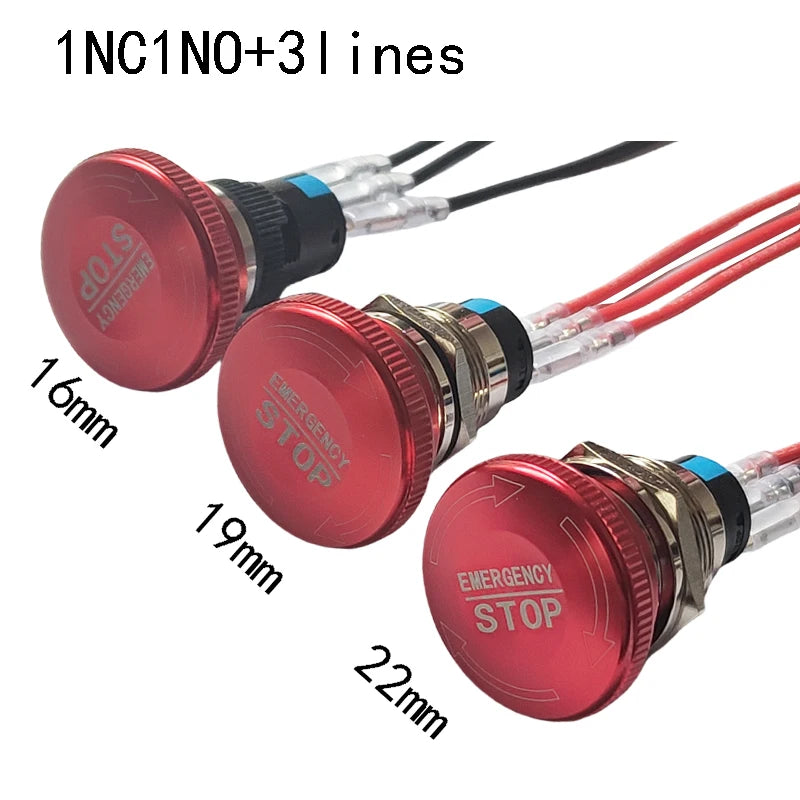 16mm 19mm 22mm Emergency Stop Metal Switch Mushroom Head Push Button Stop Switch 1NO1NC 2NO2NC Latching Switch Retention On Off