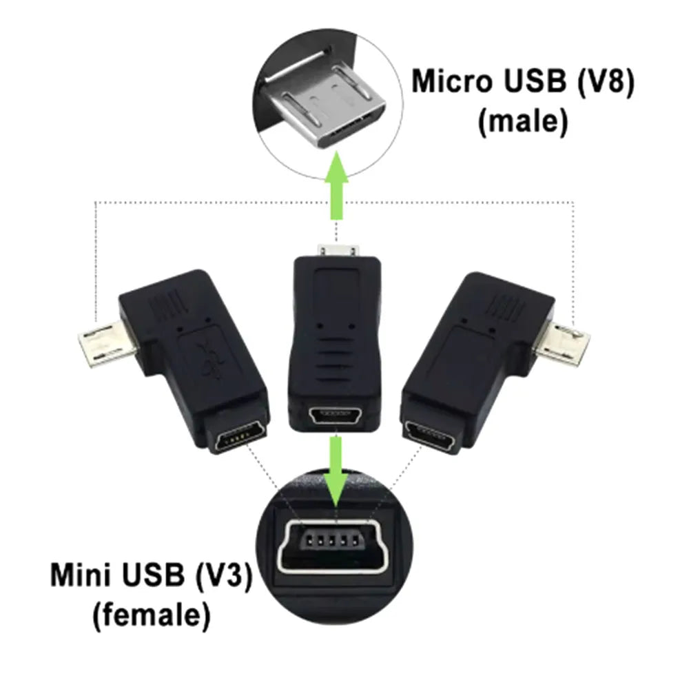 New Mini USB to Micro USB Adapter Plug 90 Degree Left&Right Angle Micro USB Male to Mini USB Female Type B Connector
