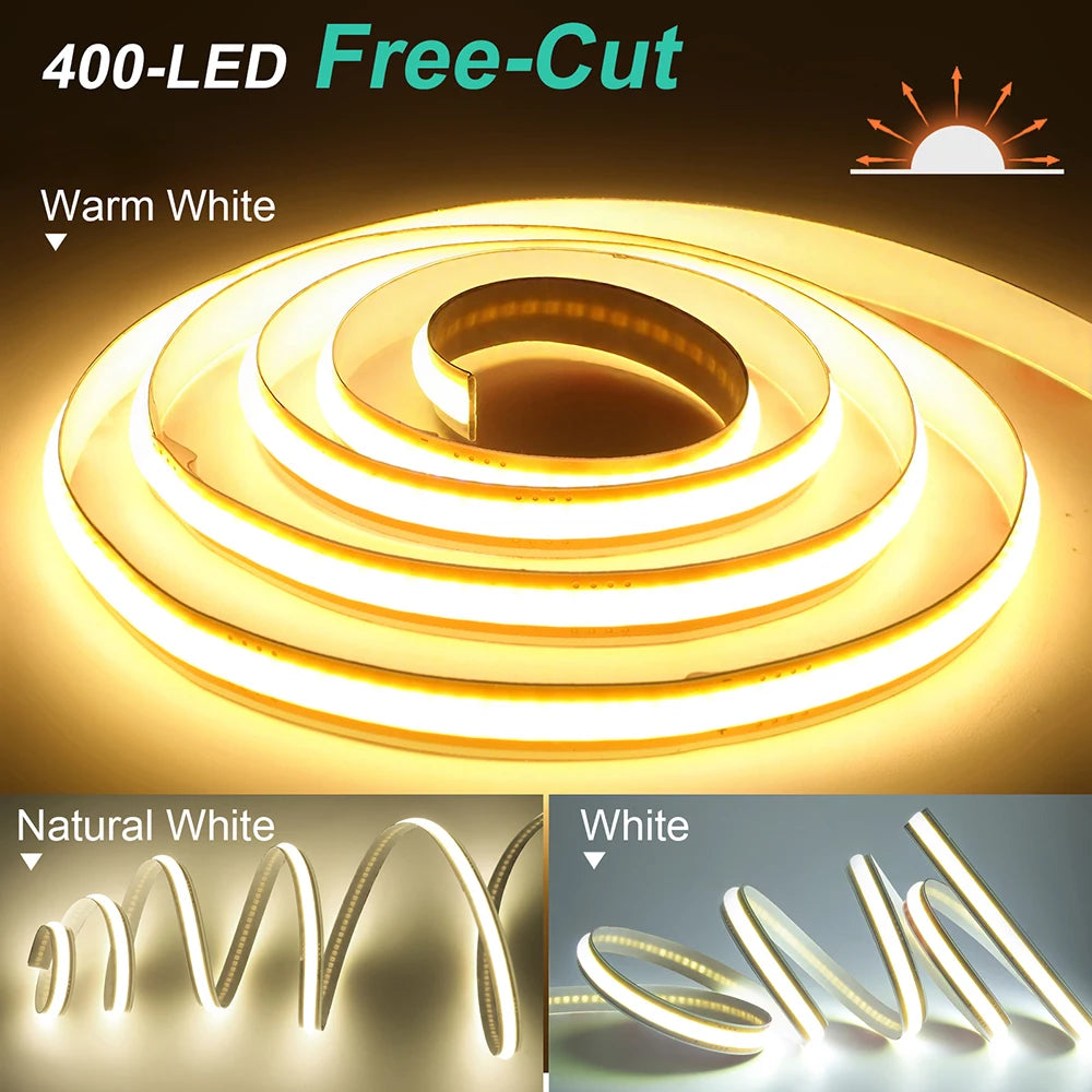 5mm 8mm PCB Free Cut COB LED Strip 12V 24V Tape Light 400 Leds Flexible 3000k 6000k 4000k 0.5m 2m 5m 10m 20m Linear Lighting