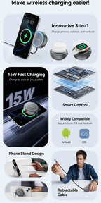 Essager 15W 3 in 1 Magnetic Wireless Charger With 96cm Retractable Type-C Cable For iPhone 16 15 14 13 Pro Max Airpods Watches