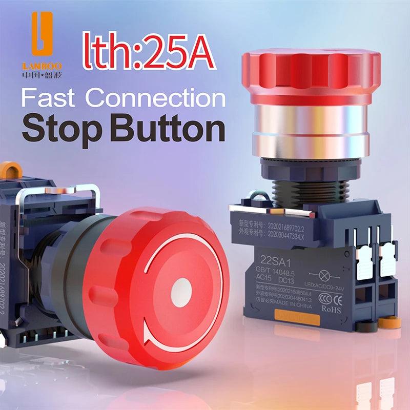 LANBOO 22mm Emergency Stop Button Waterproof Quick Plug Big Head Red Metal with LED Indicator Light 2NC E-Stop Switch for Indust