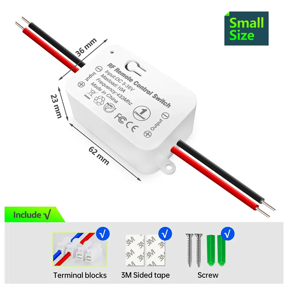 433Mhz Wireless Remote Control Switch DC 6V 12V 24V 30V 36V 10A Mini RF Relay Receiver,50m Transmitter for Pumps Light LED Fan
