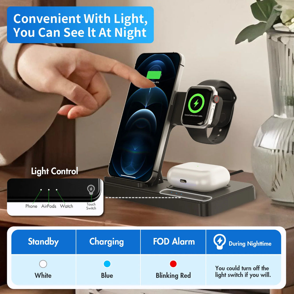 15W Magnetic Wireless Charger 3 In 1 Fast Charging Station Travel Foldable for Magsafe iPhone 1716/15/14 Apple Watch AirPods Pro