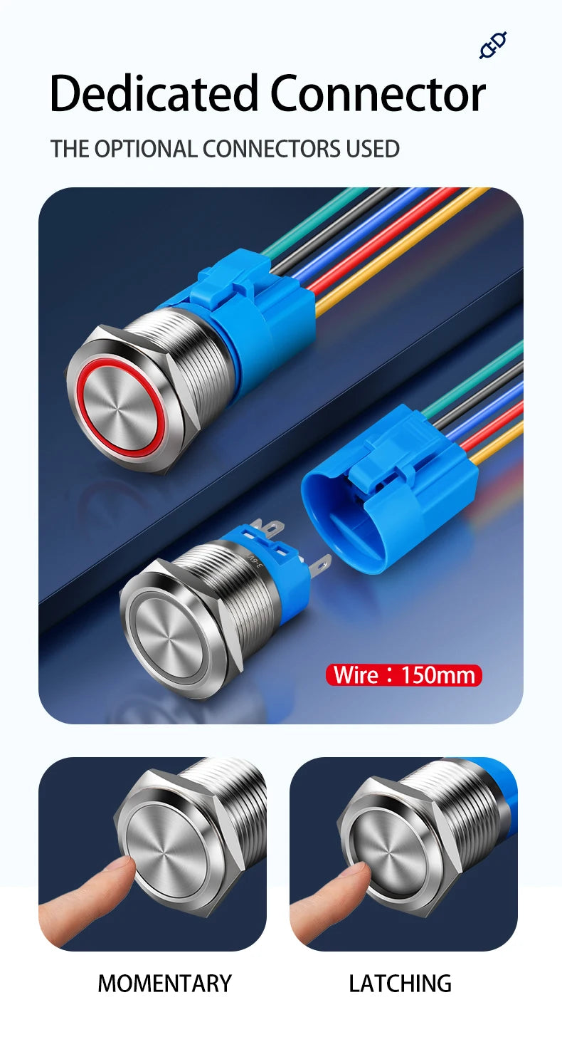 Metal Round Push Button Switch 12‑16‑19‑22mm, Momentary & Latching Power Control Button with LED Indicator for Electronic Projec
