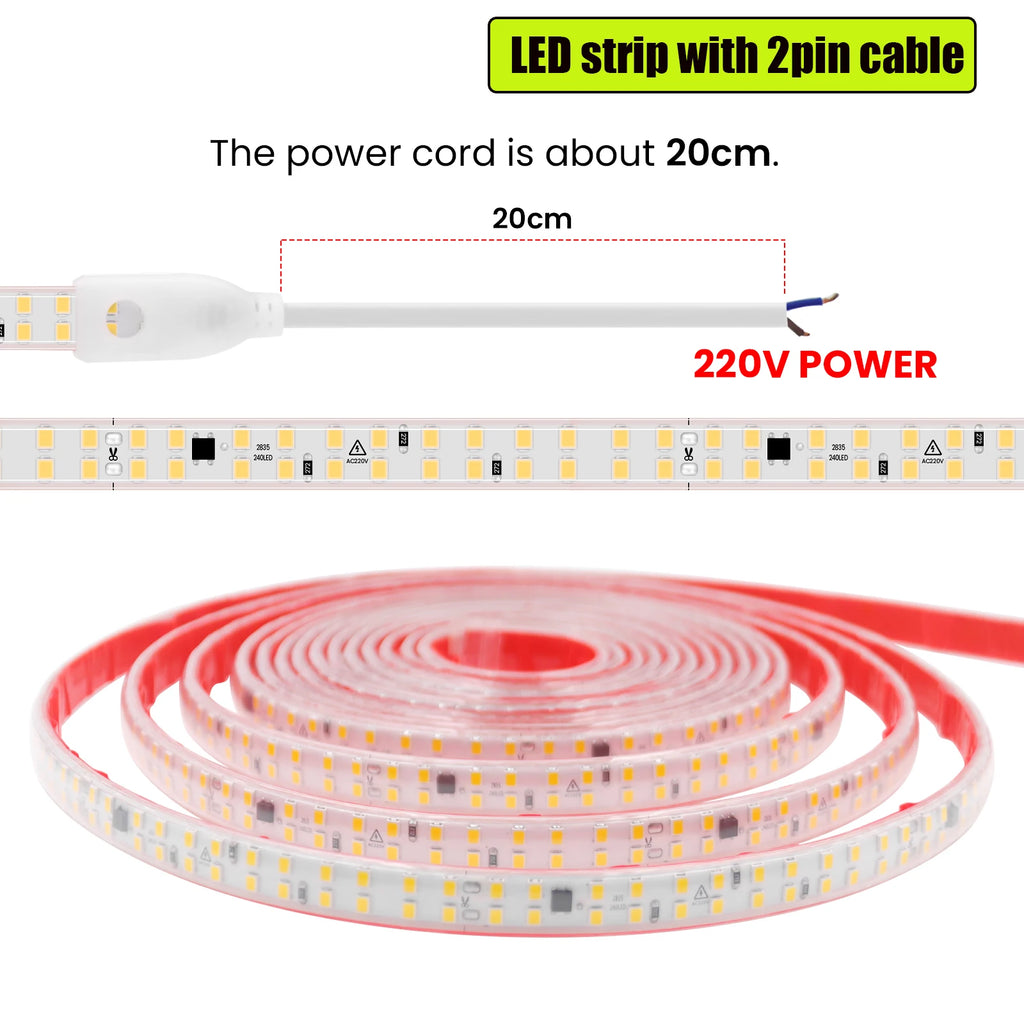 AC 220V LED Strip Waterproof 240Leds/M 3000K 4000K 6000K Home Decor Self Adhesive Tape Chain Light Flexible Ribbon Strip