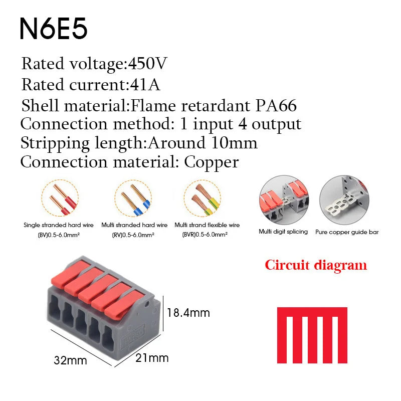 1PC Wire Connector Electric Cable Led Conectors Fast Terminals Blocks Docking Butt Household Electrician Tools For 4mm² 6mm²