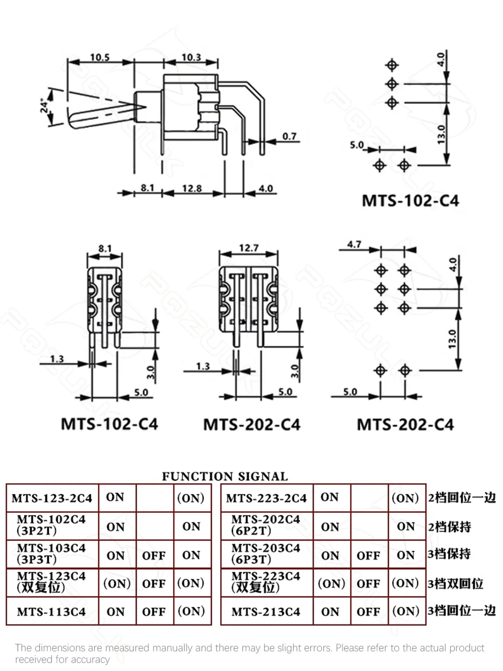 Vertical Right Angle 2/3/10A 125/250V AV 3/6Pins 2/3Position SPDT PCB Mount Toggle Switch ON-OFF-ON Rocker Switche ON-ON