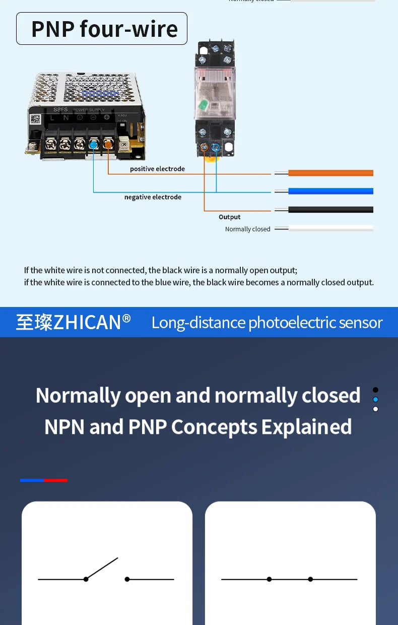 ZHICAN ZC3E Long Range Photoelectric Sensor 2m Diffuse Reflective Switch NPN NO 24V DC Object Detection