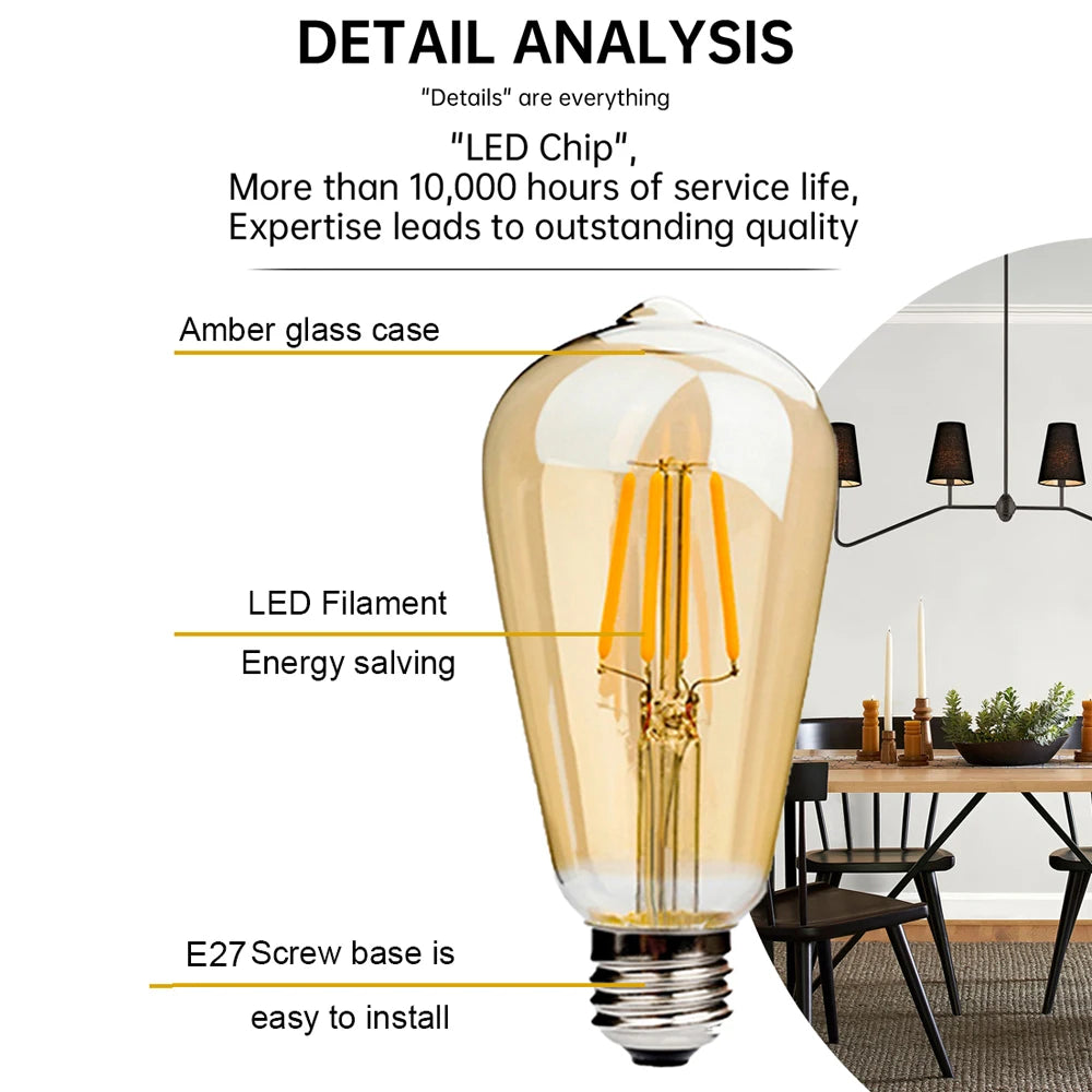 E27 Retro Edison Filament Bulb 4W 6W 220V ST64 Vintage LED Lamp Bulbs 2200K 2700K Warm White Amber Glass Light Bulbs for Home
