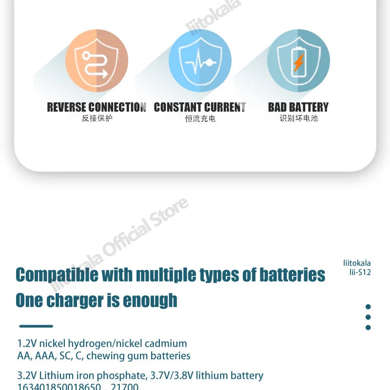 LiitoKala Lii-S12 12-Slot LCD Battery Charger for Li-ion LiFePO4 Ni-MH Ni-Cd 9V 21700 20700 26650 18650 16340 18350 RCR123 18700
