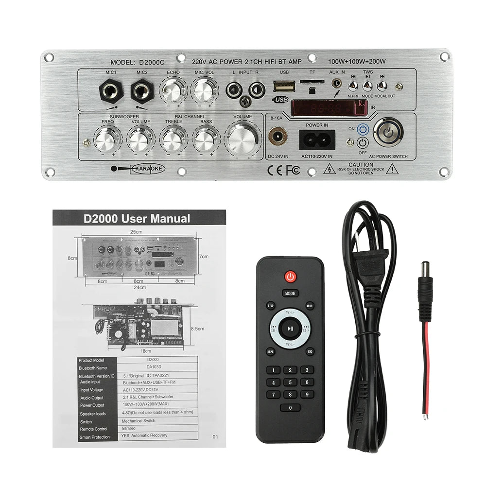 D2000 Digital Bluetooth Amplifier Board 2.1-Channel Bluetooth Audio Decoder 100W + 100W + 200W High-Power Output Subwoofer