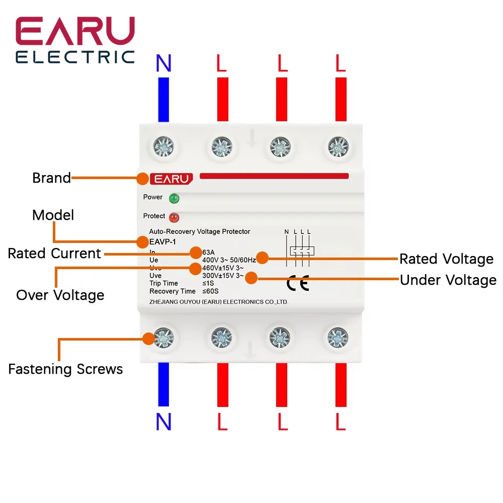 EARU 40A 63A AC 230V 400V Din Rail Automatic Recovery Reconnect Over Voltage Under Voltage Protective Device Protection Relay