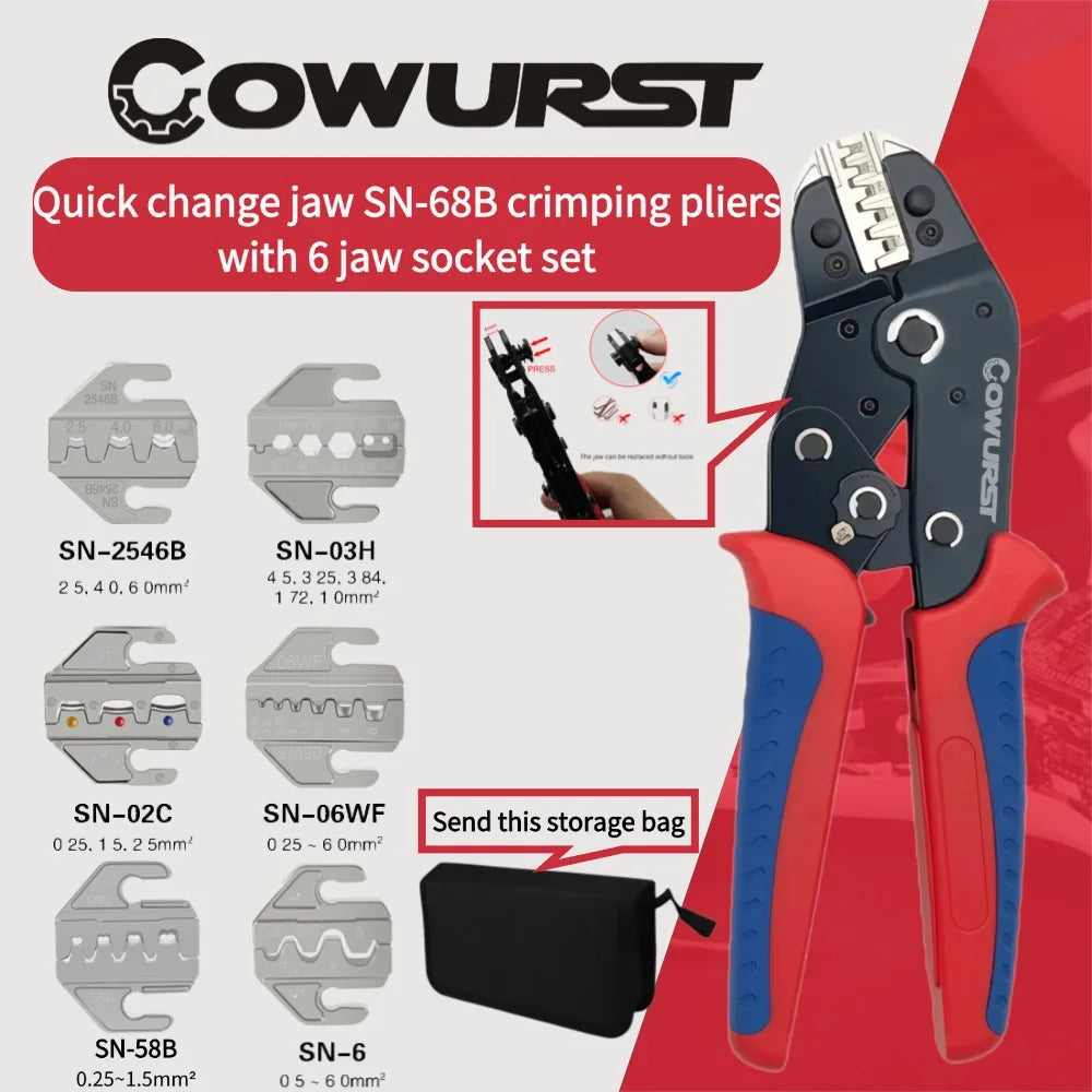 Ratchet Quick-Change Crimping Pliers SN-68 with 6 Jaws for Automotive Terminals, Dupont Terminals, Wire Crimping Tool Kit