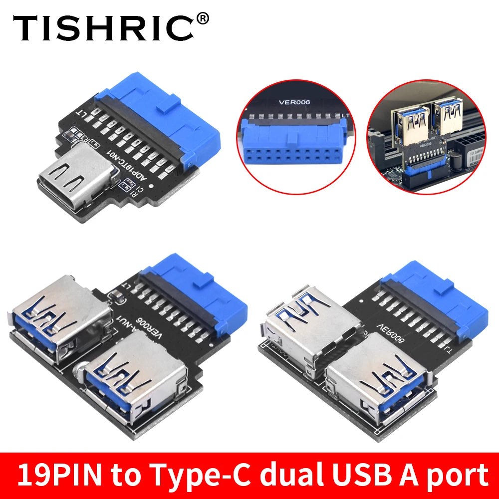 TISHRIC 19Pin To Type-C USB3.0 Converter Internal Header to USB 3.1/3.2 Type C Adapter  for PC Motherboard Connector Riser
