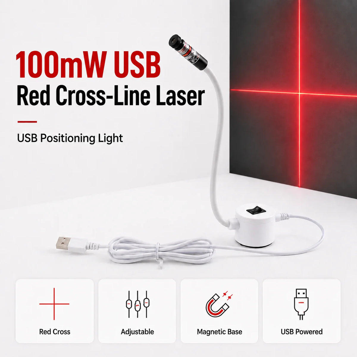 DC5V USB Laser Positioning Light Flexible Gooseneck Magnetic Base Red Line Cross For Sewing Cutting Quilting Machine Accessories