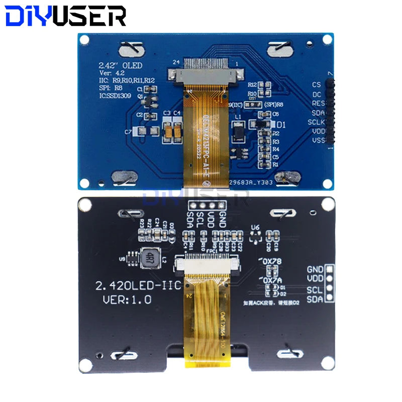 DIYUSER 2.4" 2.42 Inch 128x64 OLED LCD Display Module SSD1309 12864 4 Pin IIC I2C SPI Serial Interface C51