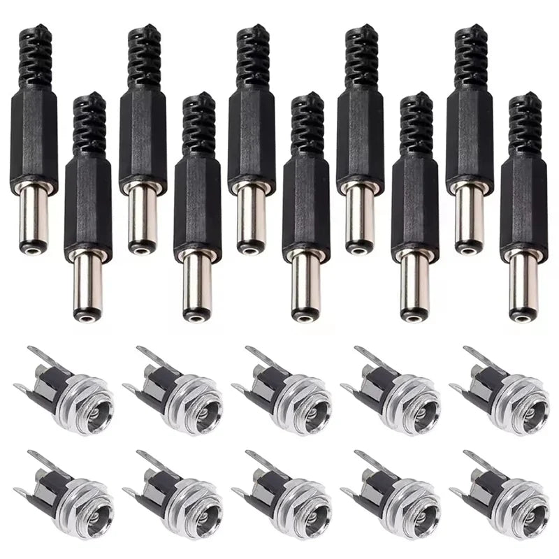 10Pairs DC Power Supply Jack Socket Female Panel Mount Connector 3-Pin 5.5x2.1mm 5.5mm*2.5mm Male DC Power Plug
