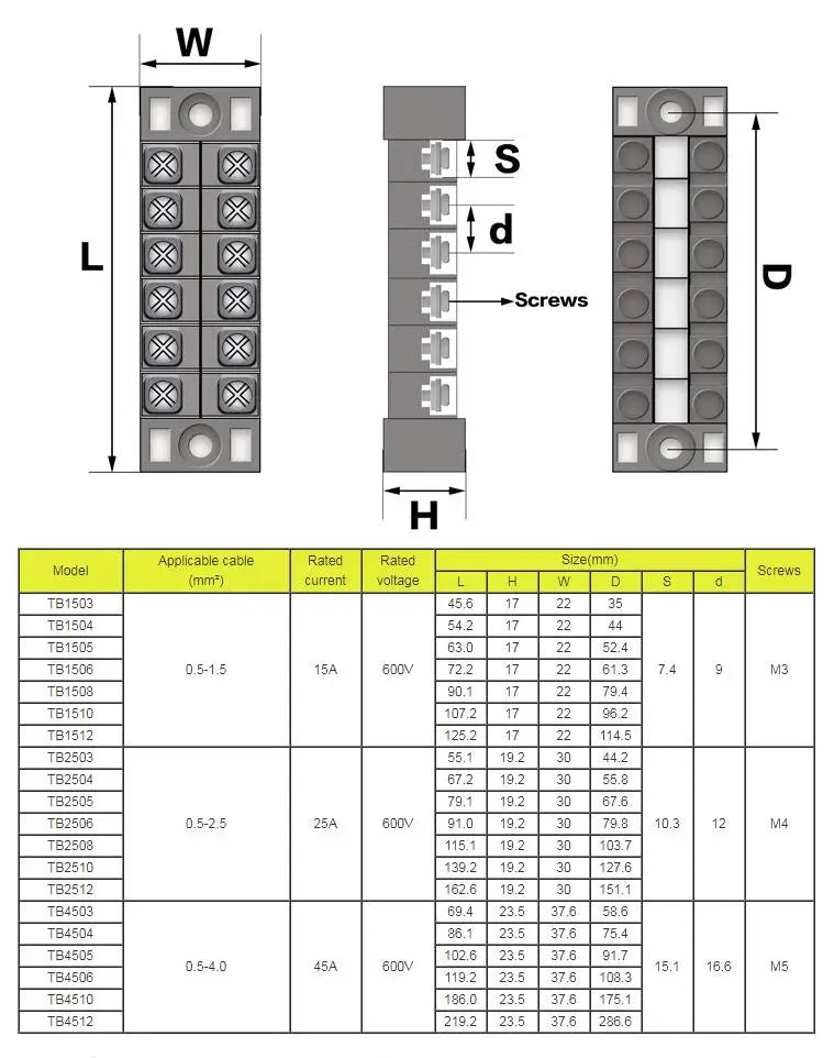 1pcs 25A/15A 600V Dual Row Strip Screw Terminal Block  Fixed Wiring Board Wire Connector 3 4 5 6 8 10 12 Positions Ways
