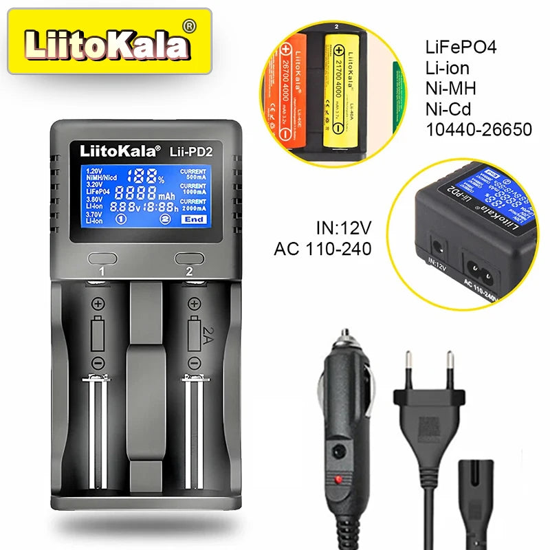 LiitoKala Lii-PD4/PD2 AC PD Charger LCD Fast Charging 4/2-Bay for 21700/18650/AA/AAA Multi-Protection Auto-Detect