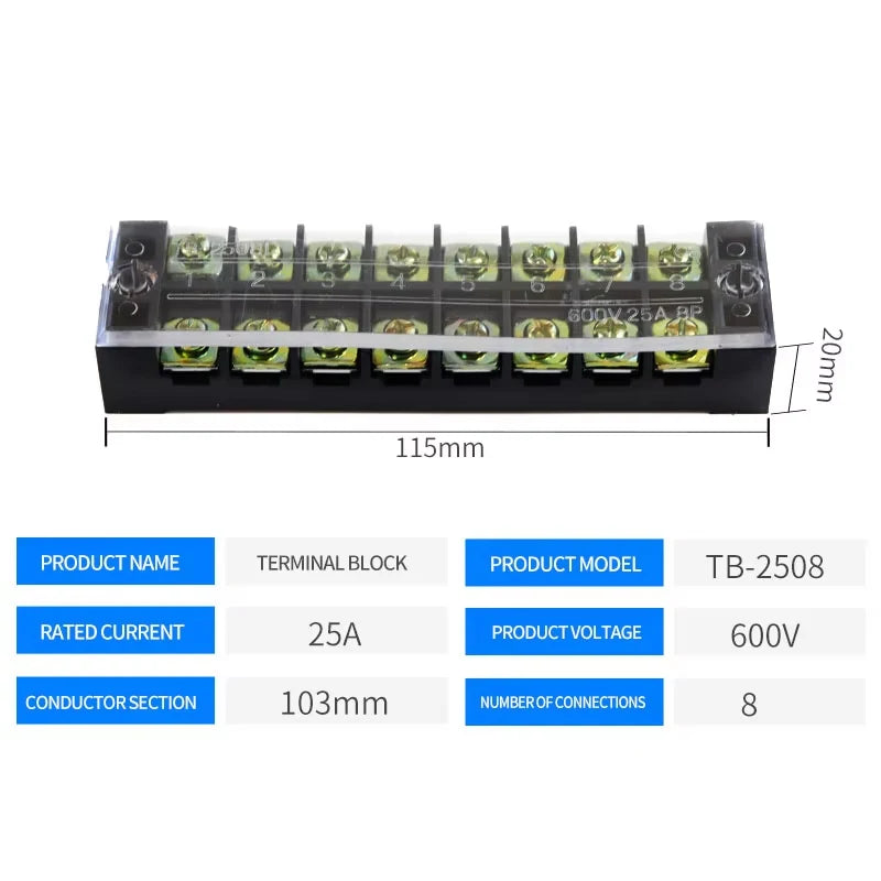 1PCS TB2508 Dual Row Thick Copper Screw Terminal Block Flame Retardant Grounding Strip Wire Connector Durable 600V 25A