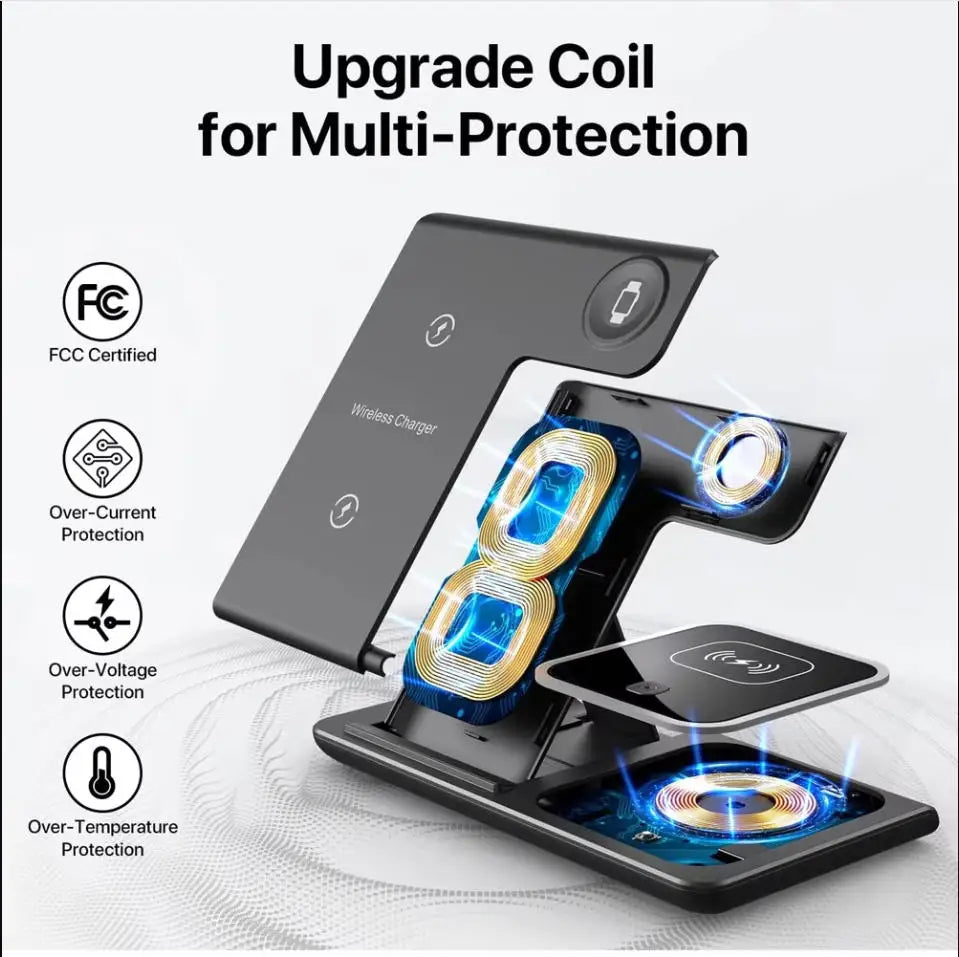 Fast Wireless Charger Charging Station 3-in-1 with Foldable Stand for Samsung iPhone 17 16 15 18 14 13 12 Apple Watch 9 8 7 Airpods, Professional for Xiaomi Huawei Type C Data Cable