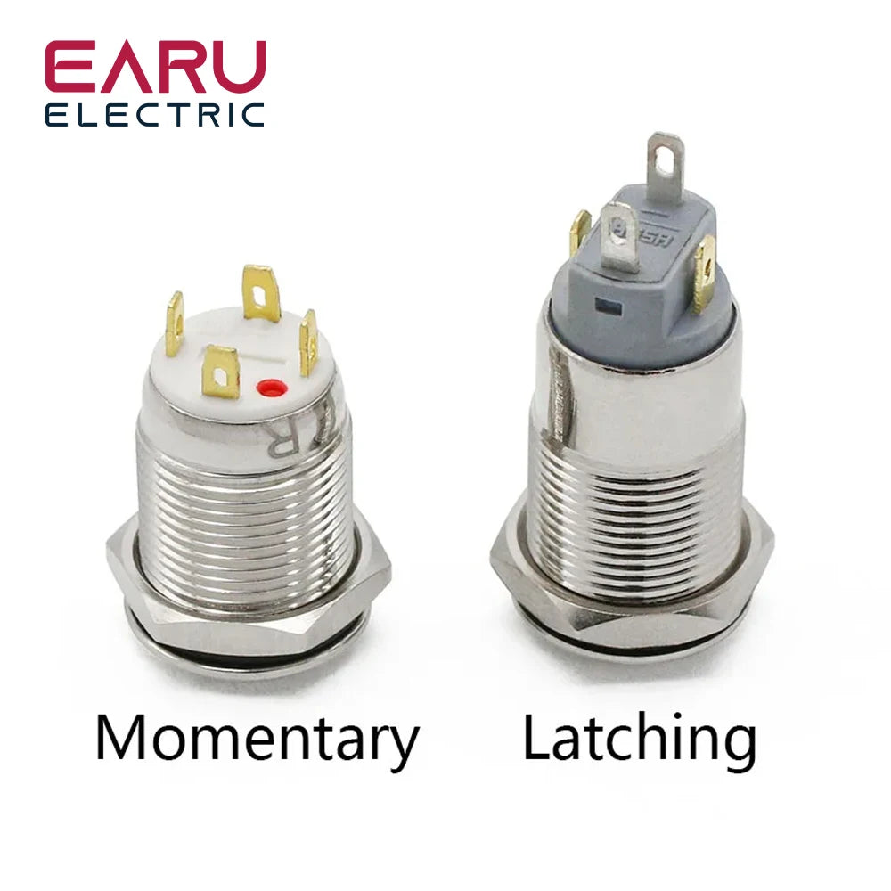 12mm Flat High Head Waterproof Metal Push Button Switch LED Light Momentary Latching Car Engine Computer PC Power Switch 3-380V
