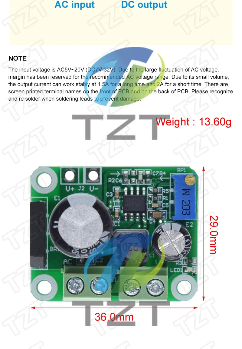 TZT AC-DC Buck Step-down Converter Adjustable Power Supply Module 2A AC 5-20V DC 5-32V Output 3.3-18V Regulated Rectifier Filter