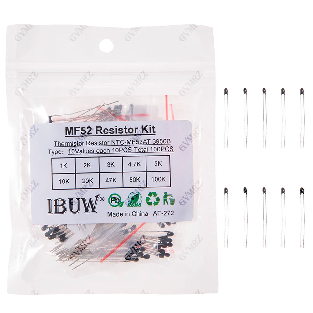 100PCS 10Values MF52 NTC Thermistor Kit 1K-100K 3950B for Temperature Sensing & Circuit Overheat Protection 1K 10K 100K