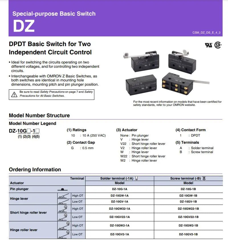 Authentic Original Omron DZ-10GW-1B DZ-10GV2-1B DZ-10GW2-1B DZ-10GW22-1B Special-purpose Basic Switch