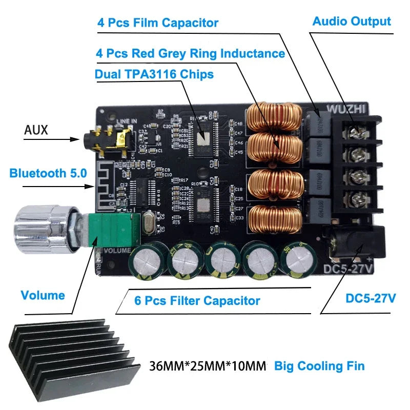 2*100W Bluetooth 5.0 TPA3116D2 Audio Power Amplifier Stereo HiFi Class D Digital TPA3116 Home Theater AUX Mini Music AMP