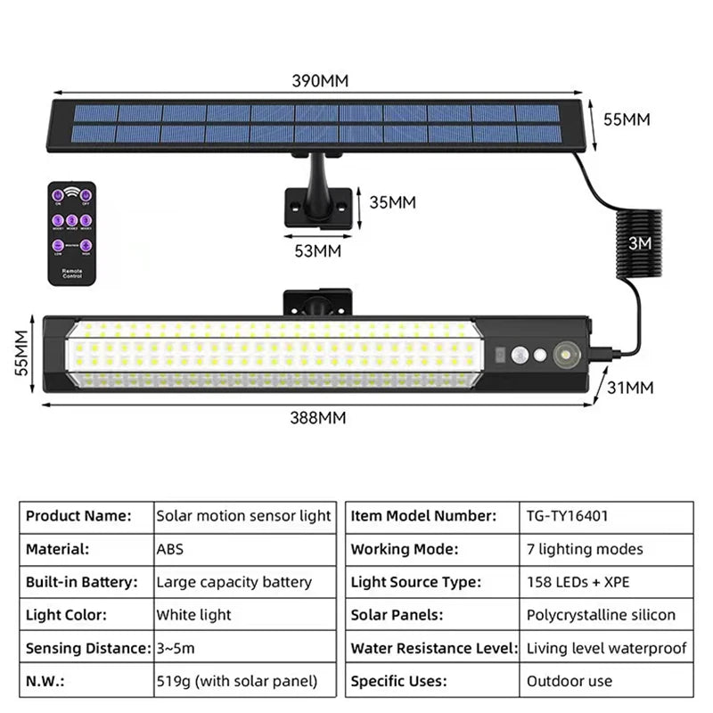 316/158 LED Solar Light Bar Outdoor 7 Mode Motion Sensor Separate 1/2Head Lamp with 3 Meter Wire Street Wall Lights Garage Yard