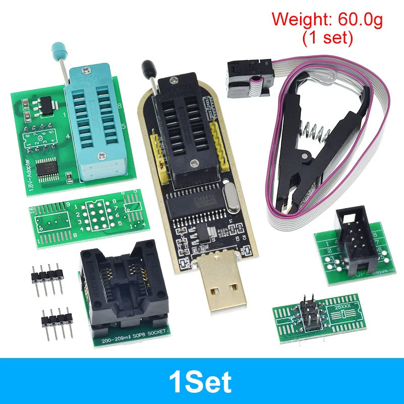 CH341A CH341B 24 25 Series EEPROM Flash BIOS USB Programmer Module + SOIC8 SOP8 Test clip + 1.8V adapter + SOIC8 Adapter DIY KIT