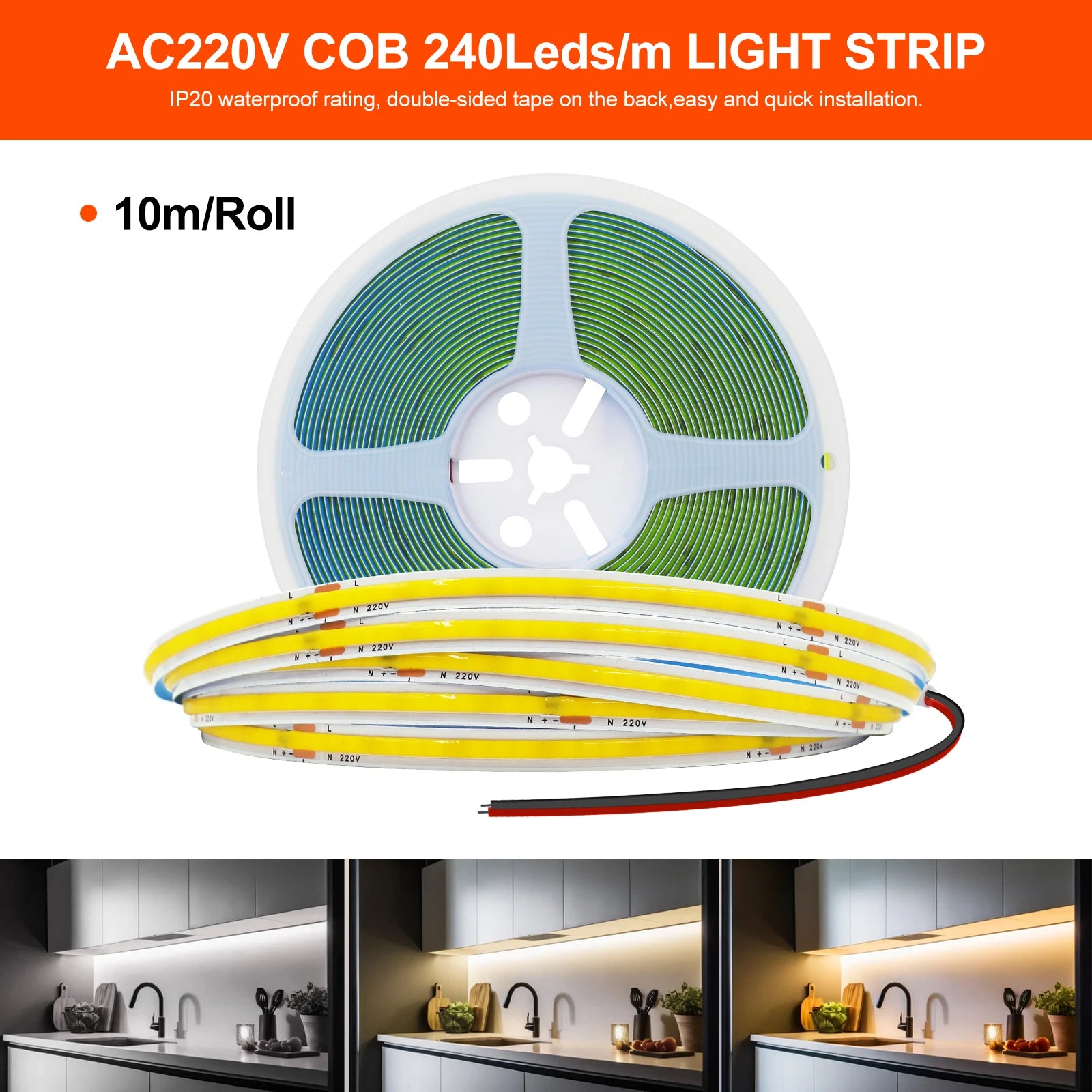 5M 10M 20M 50M/Roll COB Strip AC 220V 240Leds/M IP20 3000K 4000K 6000K Driver Build In Home Decor Flexible Ribbon Rope LED Light