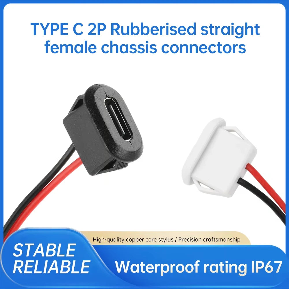 Type C Female Connector Waterproof USB C Female Jack Socket 2 Pin 3A Charging Port Power Cable Extension Direct Crimp Mount
