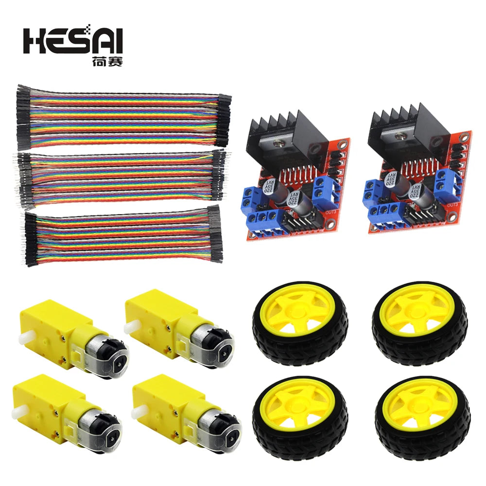 4-Wheel Robot Kit with Motor 3 DuPont Wires 2 L298N Motor Drive Modules for DIY Educational Science Projects