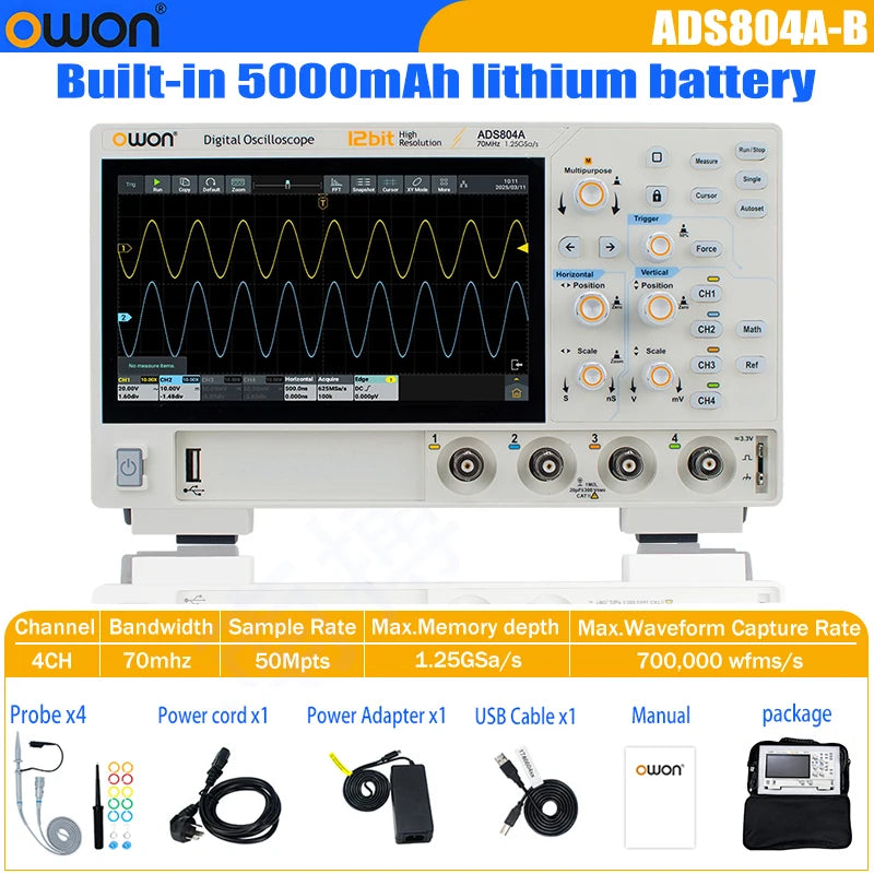 OWON ADS800A Portable Digital Oscilloscope 100MHz Bandwidth 1GSa/s 7" TFT-LCD Storage Multimeter Auto Measure USB/PC Connect