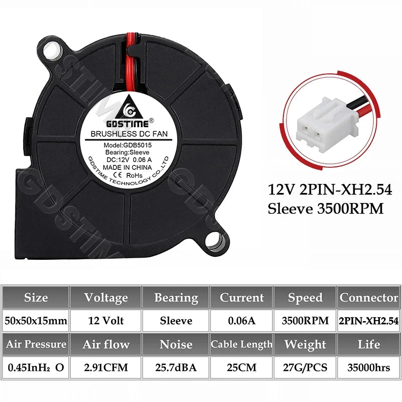 Gdstime 5015 Blower Fan 24V 12V 5V 50MMx15MM Turbine Radial Fan 5015 Dual Ball High Speed Cooler for 3D Printer Parts Cooling