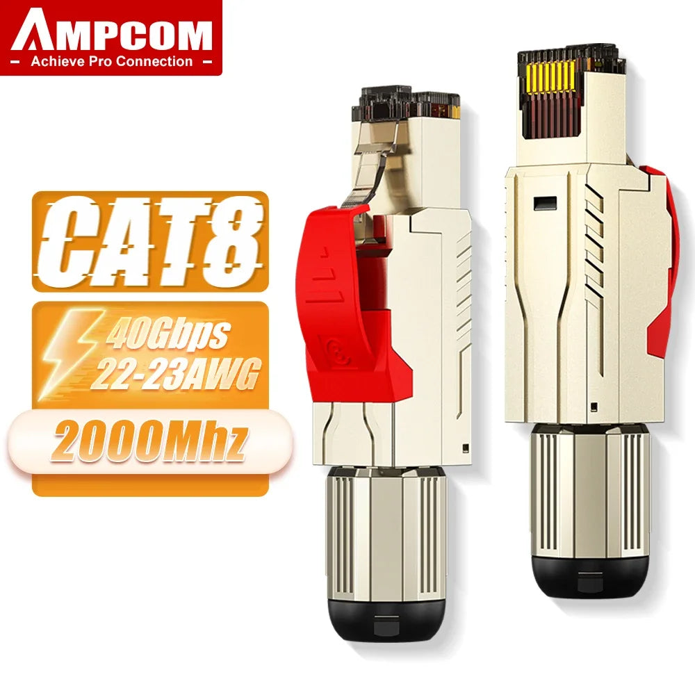 AMPCOM RJ45 Connector, CAT8 STP Tool Free Shielded Modular Plugs CAT7 CAT6A Zinc Alloy Field Termination Plug 40Gbps 2000Mhz