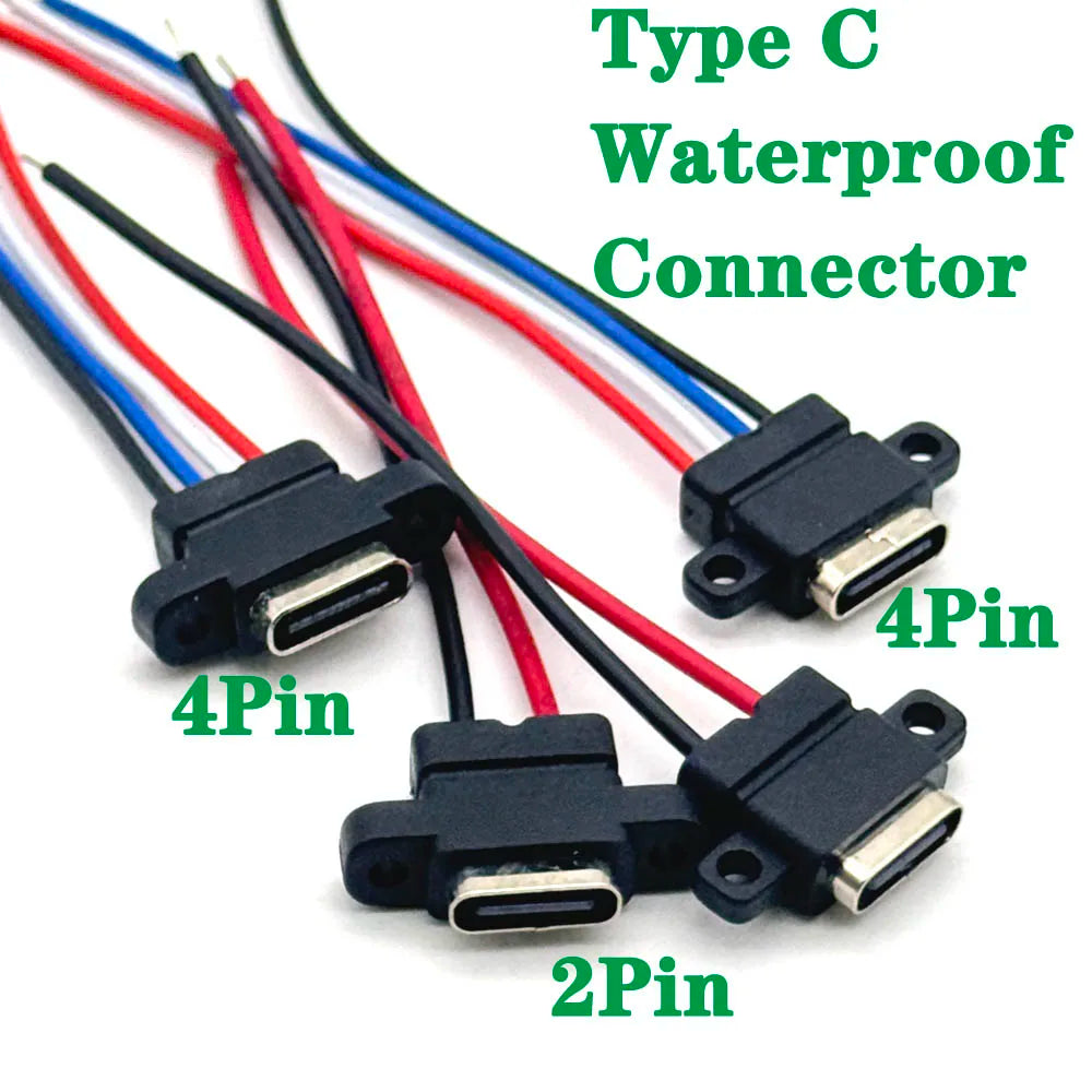 1pcs USB-C High Current Charging Socket With Rubber Ring 2Pin 4Pin Straight Ear Side Ear Type C Waterproof Female Connector Jack