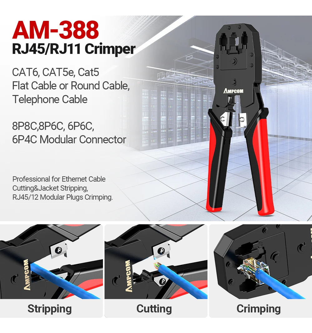 AMPCOM RJ45 Crimper Lan Tester Tool Set Ethernet Cable Stripper Punch Down Tool RJ 45 RJ11 Connectors 12 in 1 Cabling Repair Set