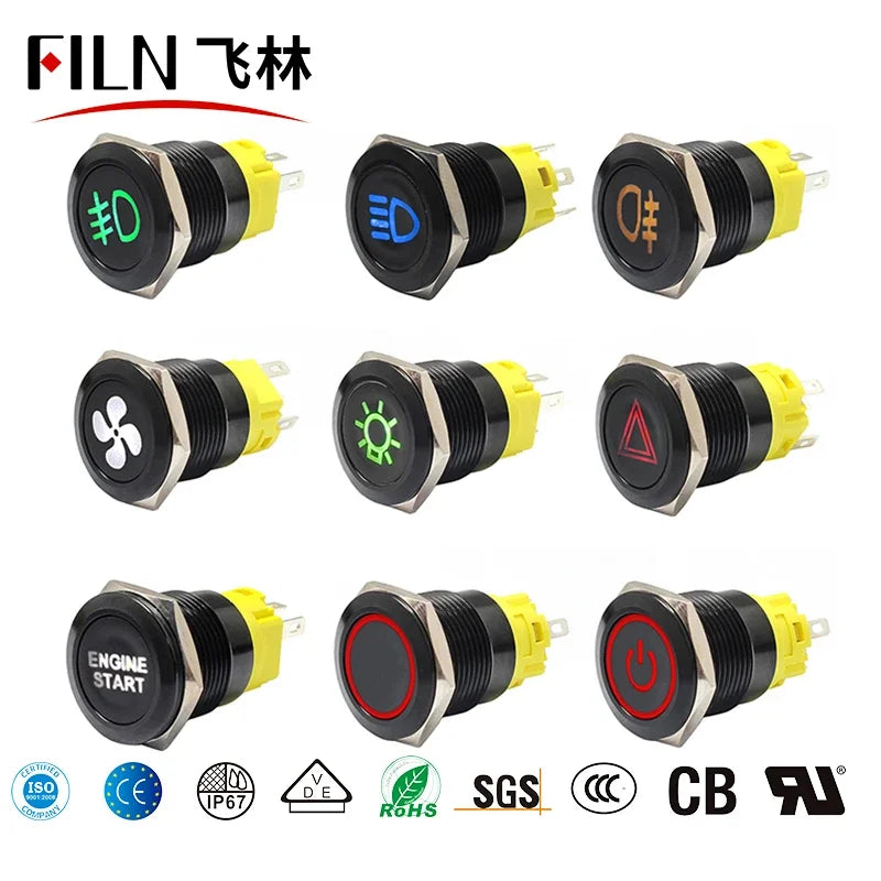 12V 19mm Warning LED Indicator Light Panel Metal Push Button Switch Lock and Momentary on Off with Dash LOGO Symbol