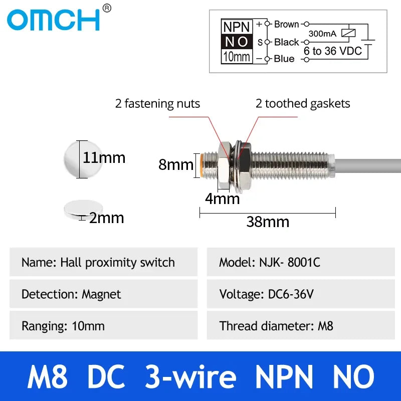 OMCH Hall Switch NJK-5002 Proximity Inductive Magnetic Pole Sensor M8/M12 Normally Open/Closed 24V Hall Effect Proximity Sensor