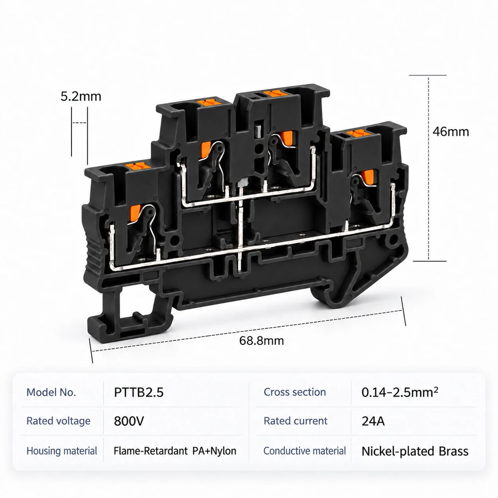 DIN Rail Terminal Blocks PTTB-2.5 Push-In Double Level 0.14-2.5mm2 Screwless Electrical Wire Connectors for Control Panel Wiring